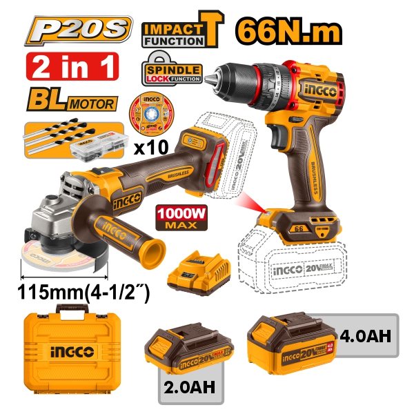 KIT TALADRO PERCUTOR 1/2 + ESMERILADORA 4-1/2 20V