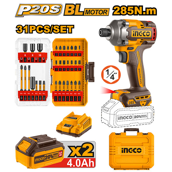 ATORNILLADOR IMPACTO 20V + JUEGO PUNTAS + 2 BATERÍAS + 1 CARGADOR UCOSLI240966